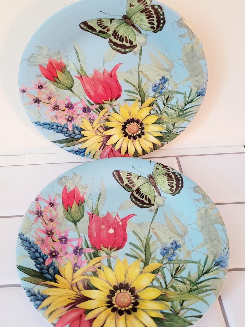 Floral Butterfly Plate Set of 2 – Blue, Yellow & Pink Melamine